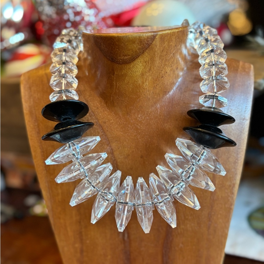 ANGELA CAPUTI (?) Black Beads & Clear Resin Disks statement necklace